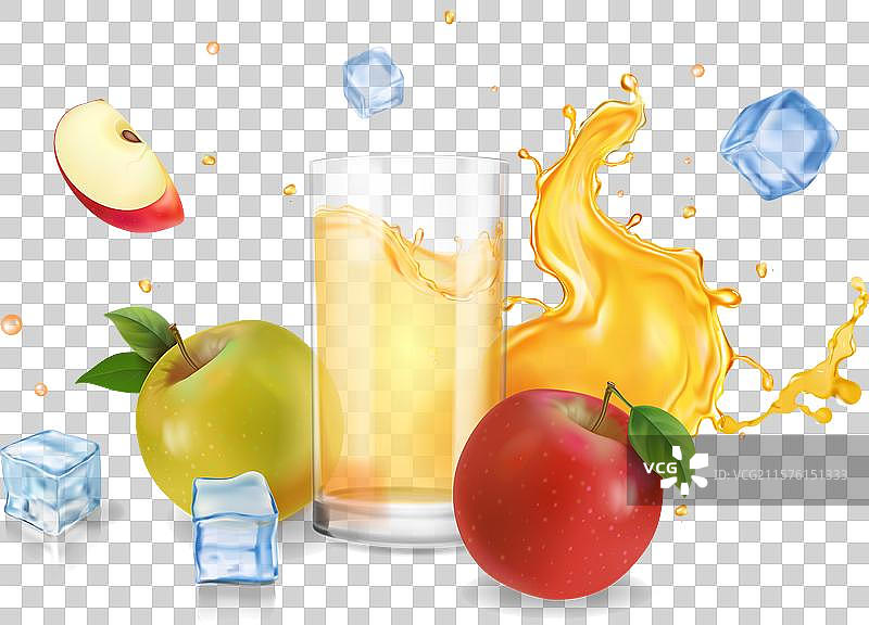 红色和绿色的苹果与果汁飞溅的玻璃杯图片素材