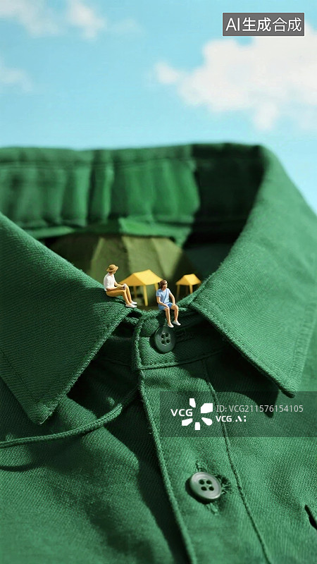 【AI数字艺术】微型人物在绿色衬衫上的创意场景图片素材