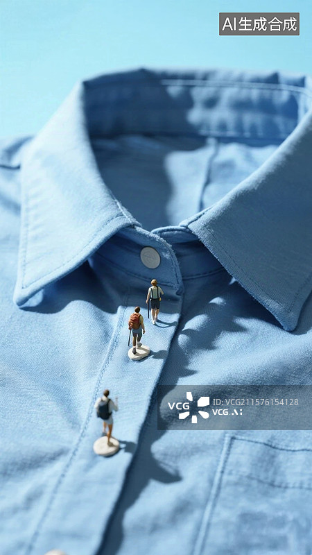 【AI数字艺术】蓝色衬衫上的微型人物行走场景图片素材