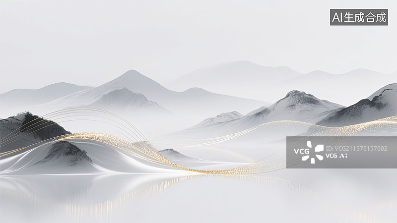 【AI数字艺术】雾中群山与流动线条的抽象景观图片素材