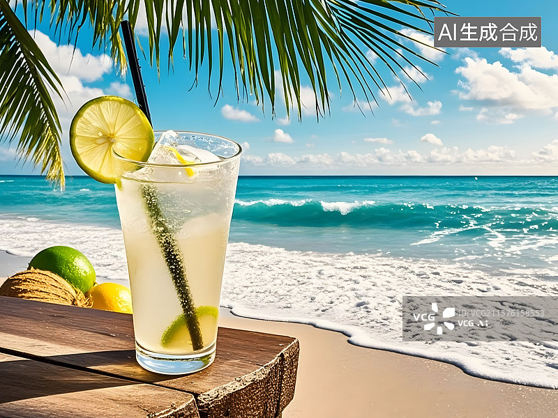 【AI数字艺术】冰镇柠檬汽水在木质桌面凝结水珠，椰子树阴影斜落在细沙上，湛蓝海浪卷着白色泡沫涌向岸边图片素材