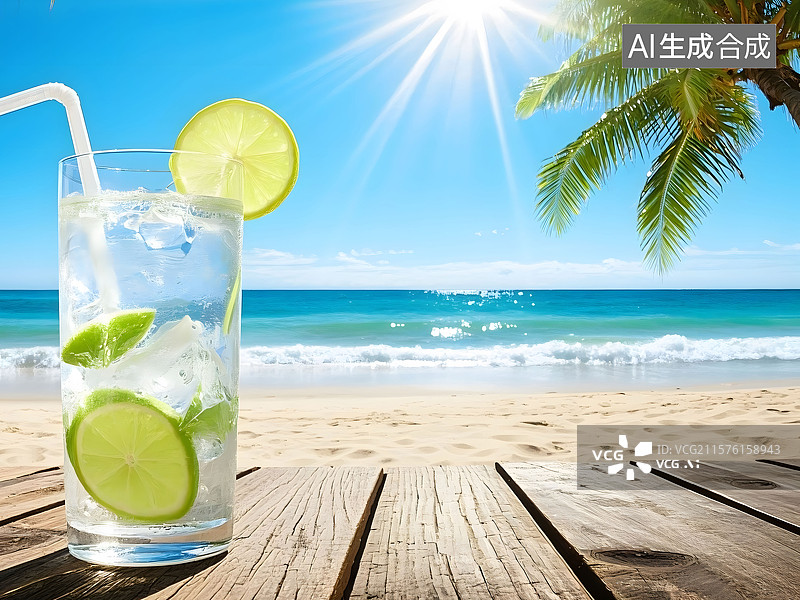 【AI数字艺术】冰镇柠檬汽水在木质桌面凝结水珠，椰子树阴影斜落在细沙上，湛蓝海浪卷着白色泡沫涌向岸边图片素材