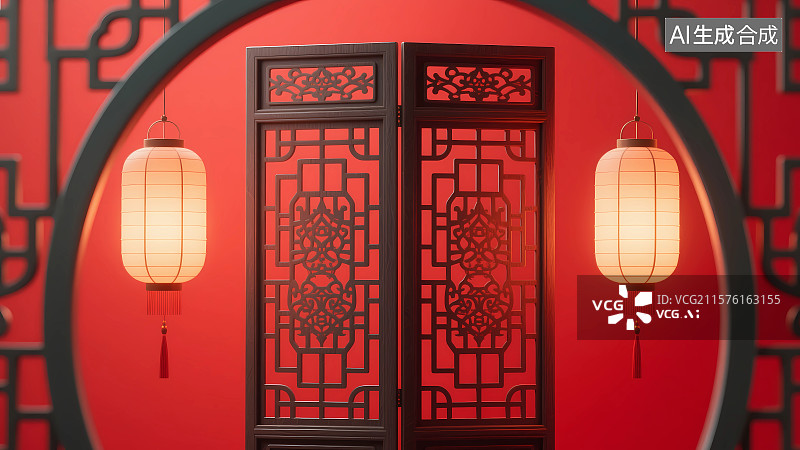 【AI数字艺术】3D渲染中国风屏风和灯笼图片素材