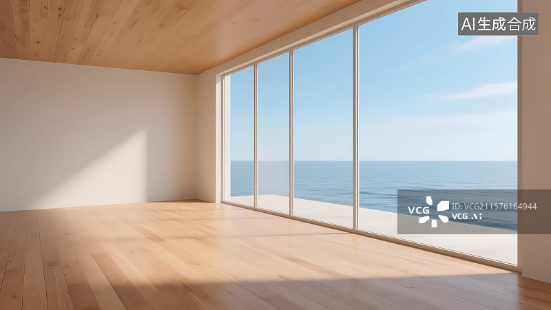 【AI数字艺术】带落地窗和铺木地板的住宅房间图片素材