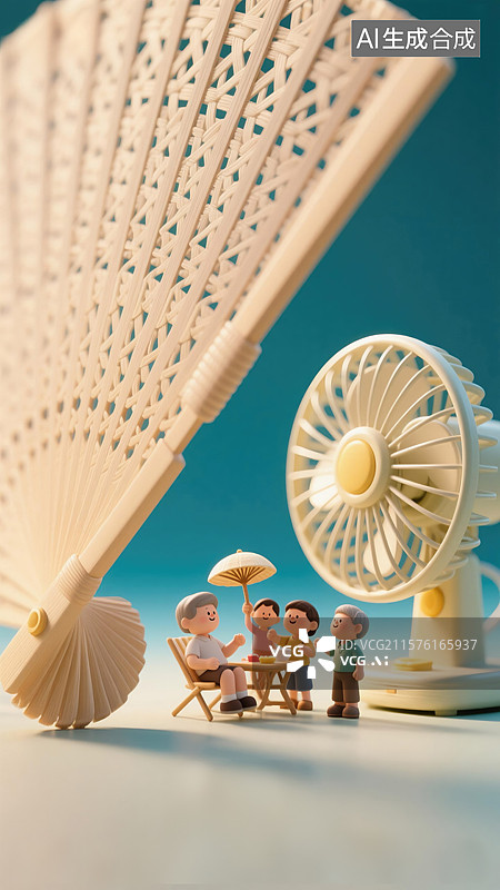 【AI数字艺术】温馨夏日避暑巨型蒲扇子微型家庭场景3D卡通插画中国传统小暑节气降温方式怀旧Q版人物微观世界享受清凉图片素材