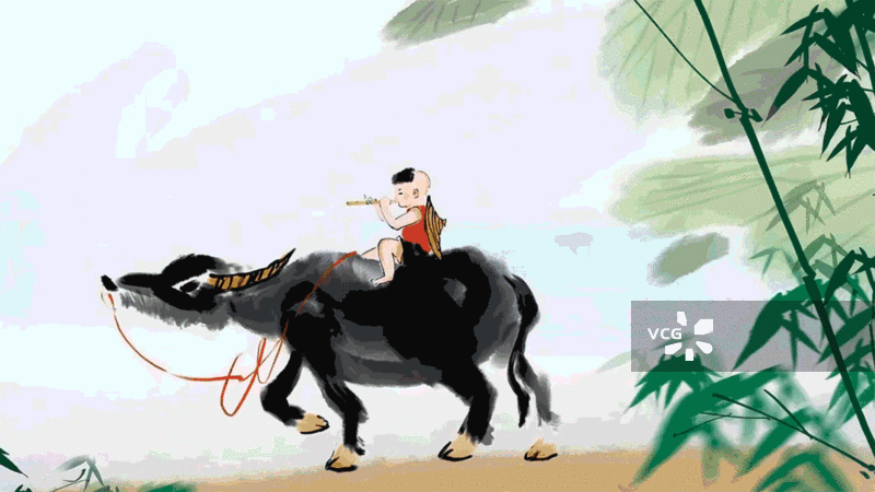 牛 牧童 儿童 笛子 音乐 演奏 牛 中国风 插画 水墨 动画 效果图片素材