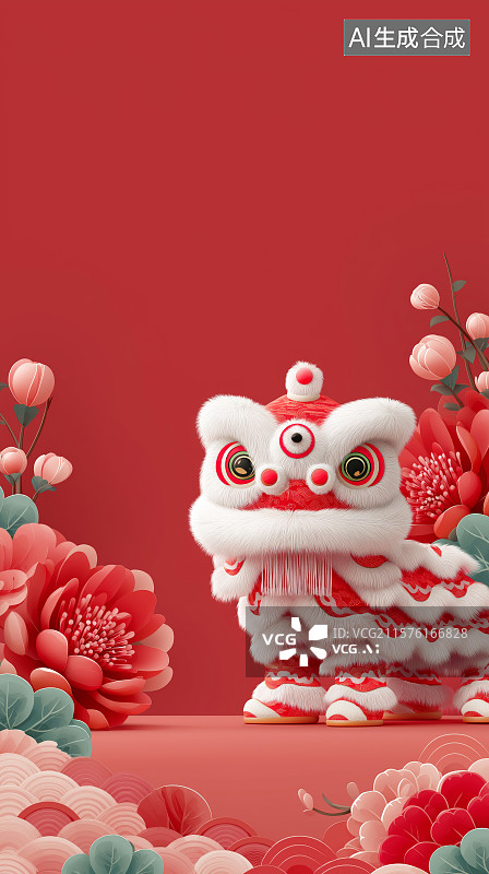 【AI数字艺术】春节主题红色极简背景——舞狮图片素材