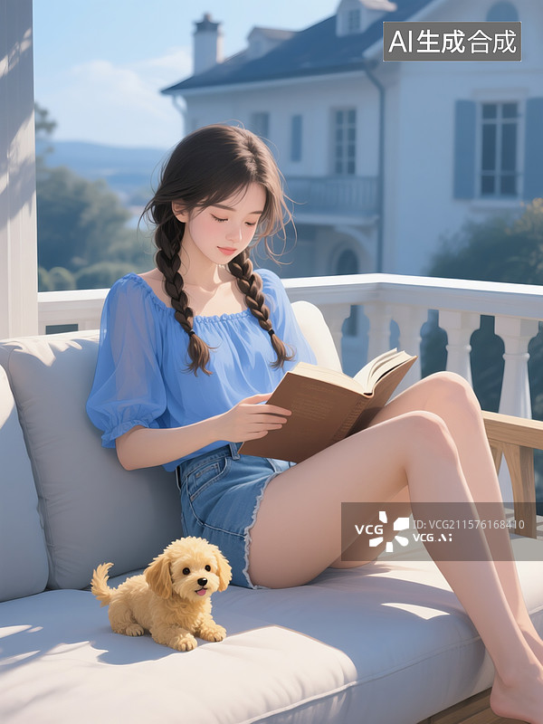 【AI数字艺术】插画，描绘一位年轻女子身穿蓝色雪纺衫，牛仔短裤，麻花辫，大阳台沙发上看书图片素材