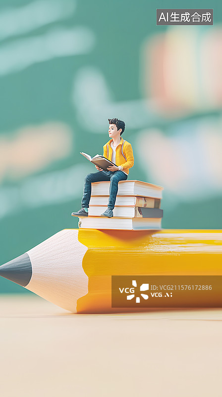 【AI数字艺术】AIGC:3D微缩创意学生坐在书本铅笔上 学习教育 高考中考 海报吧诶经图片素材