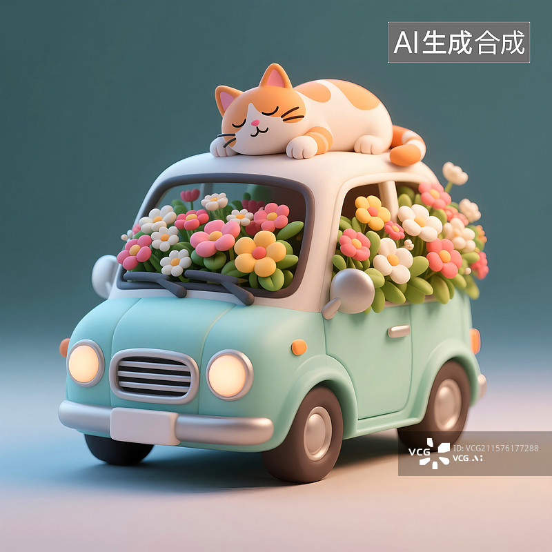 【AI数字艺术】可爱的卡通3d小花车上有一只睡觉的猫咪图片素材