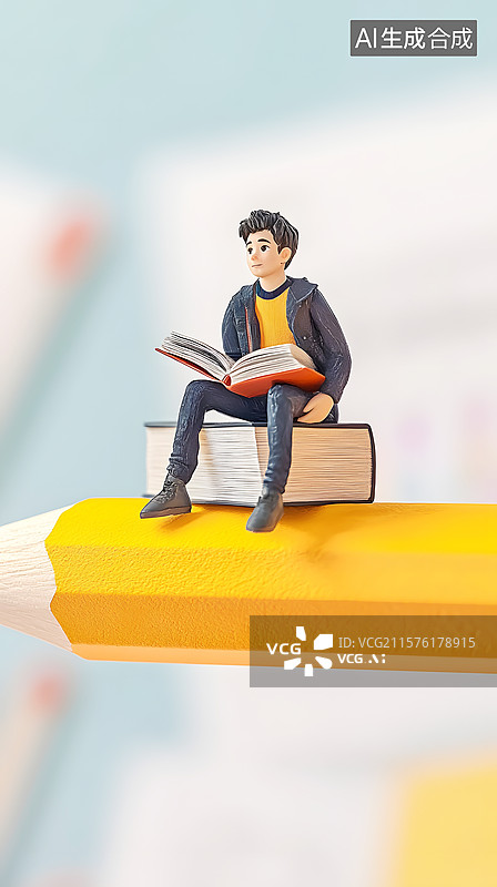 【AI数字艺术】AIGC：坐在铅笔上的学生，3D微缩摄影 高考中考教育题材背景图片素材
