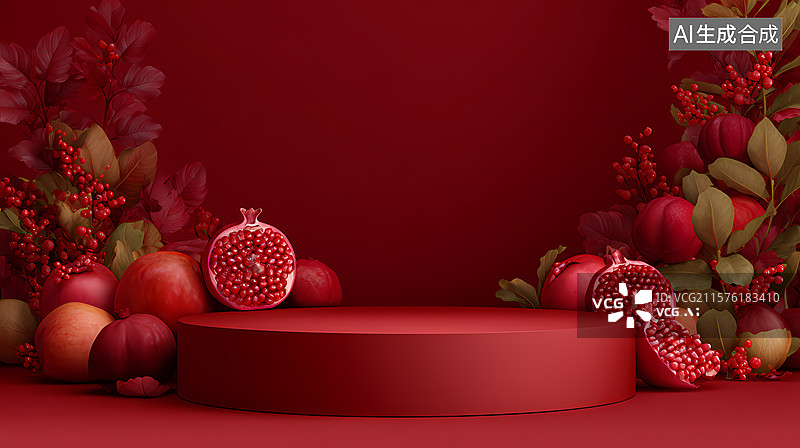 【AI数字艺术】红色背景上的水果展示图片素材