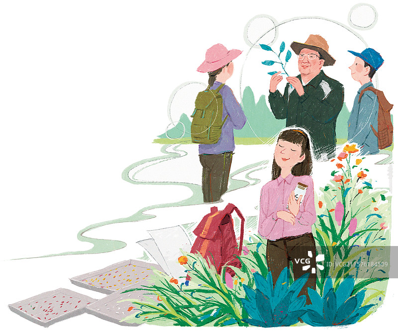 生物课，老师户外给讲解植物叶子图片素材