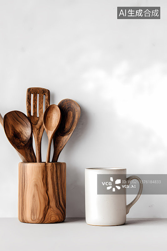 【AI数字艺术】木厨具与白色杯子图片素材