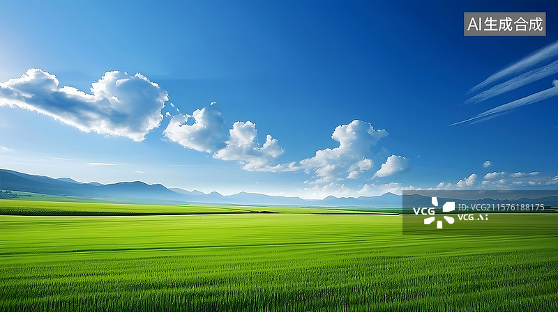 【AI数字艺术】广阔的绿色麦田与蓝天白云图片素材