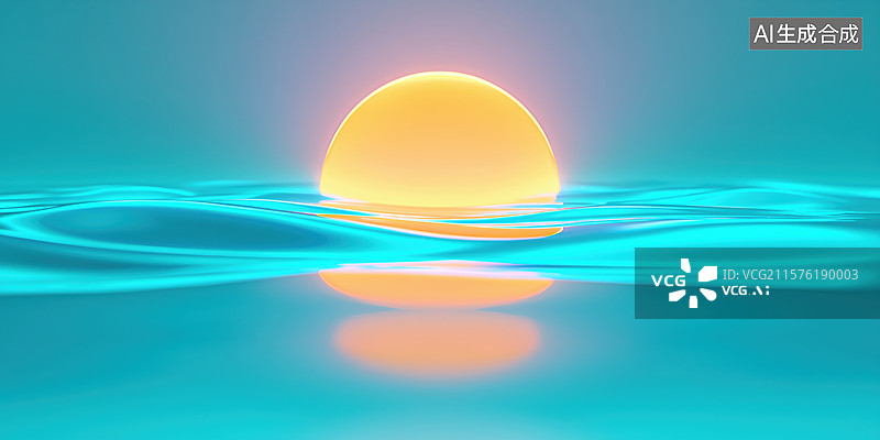 【AI数字艺术】蓝色海面冉冉升起的太阳3D卡通立体背景插画图片素材