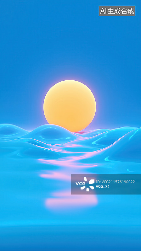 【AI数字艺术】蓝色海面冉冉升起的太阳3D卡通立体背景插画图片素材