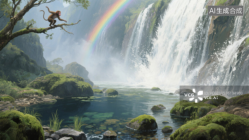 【AI数字艺术】瀑布和彩虹图片素材