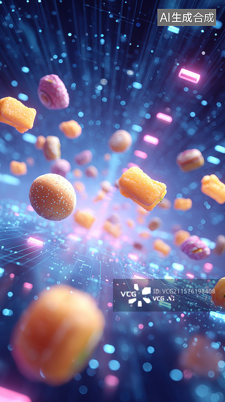 【AI数字艺术】悬浮零食的科技幻境图片素材