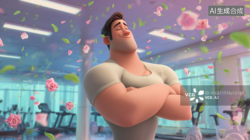 【AI数字艺术】健身房中花瓣环绕的微笑男子图片素材