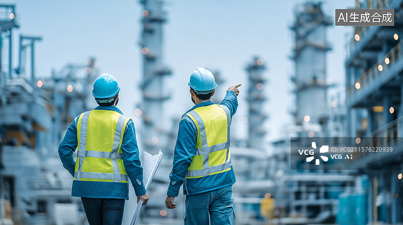 【AI数字艺术】炼油厂工程师讨论图纸图片素材
