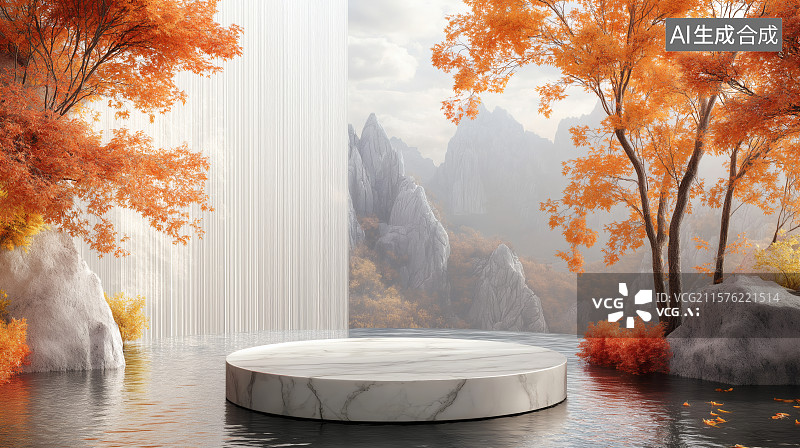【AI数字艺术】户外山水橙红色枫树自然美3d电商展台背景图片素材
