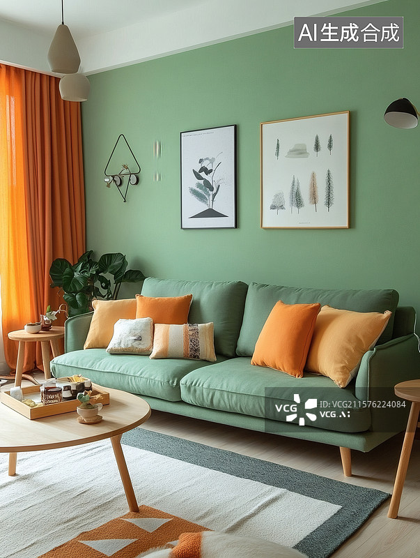 【AI数字艺术】温馨绿色客厅布置图片素材