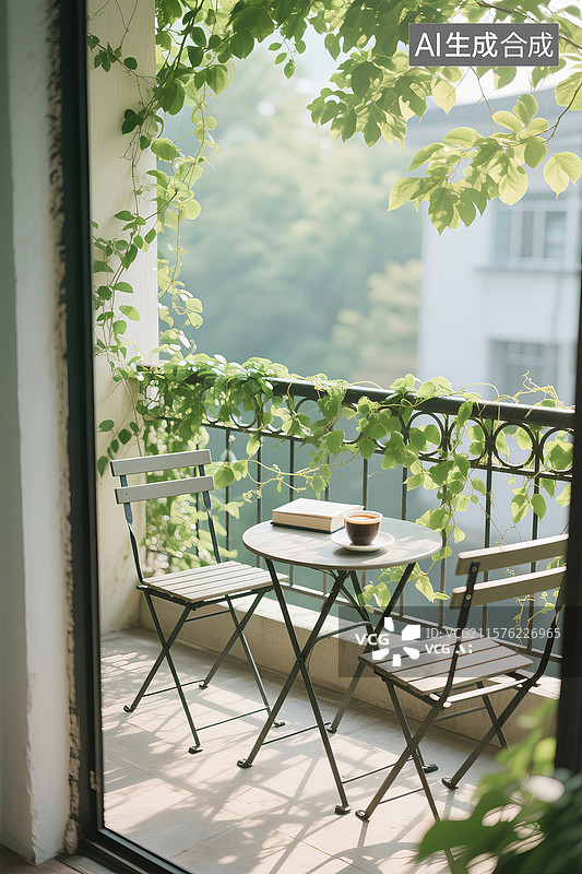 【AI数字艺术】长满长藤植物的阳台图片素材