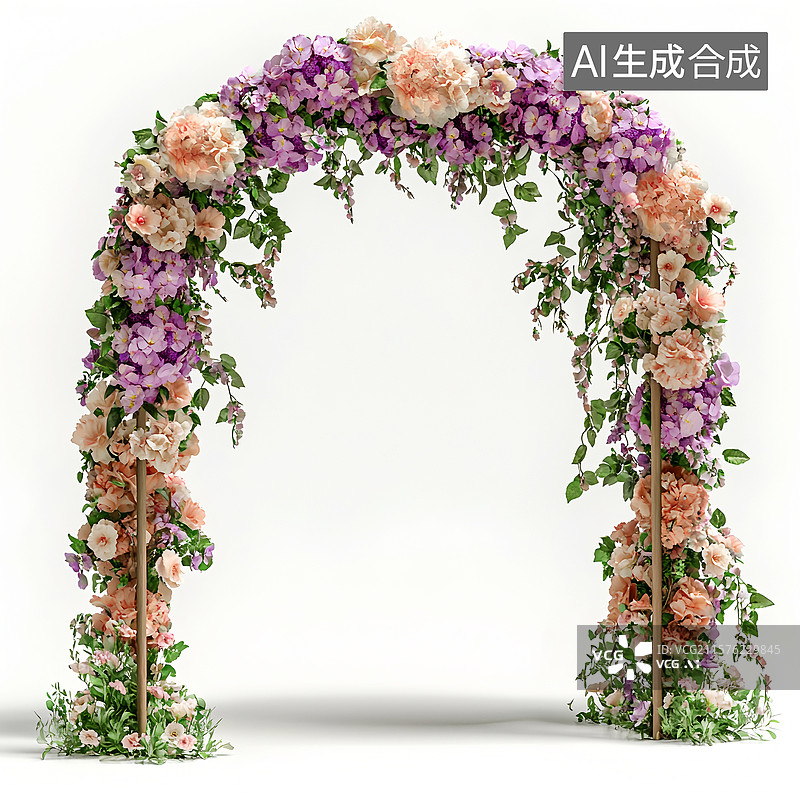 【AI数字艺术】白色背景上的鲜花拱门婚礼现场布置图片素材