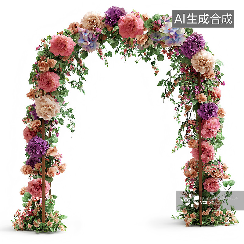 【AI数字艺术】白色背景上的鲜花拱门婚礼现场布置图片素材