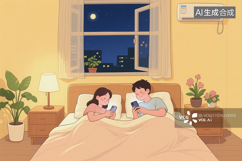 【AI数字艺术】深夜，两情侣夫妻熬夜刷手机图片素材