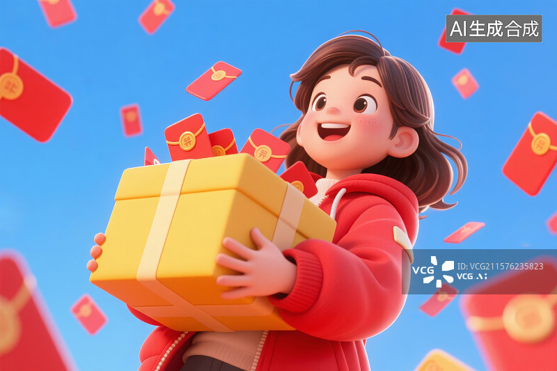 【AI数字艺术】一个女孩抱着一个纸箱，纸箱中飞出红包图片素材