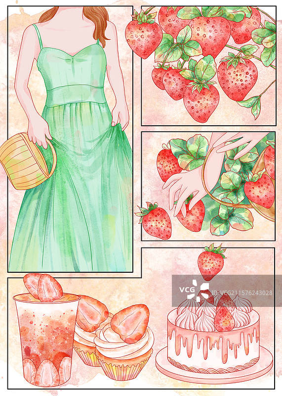手绘水彩草莓分镜插画图片素材