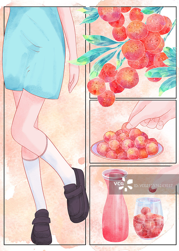 手绘水彩杨梅分镜插画图片素材
