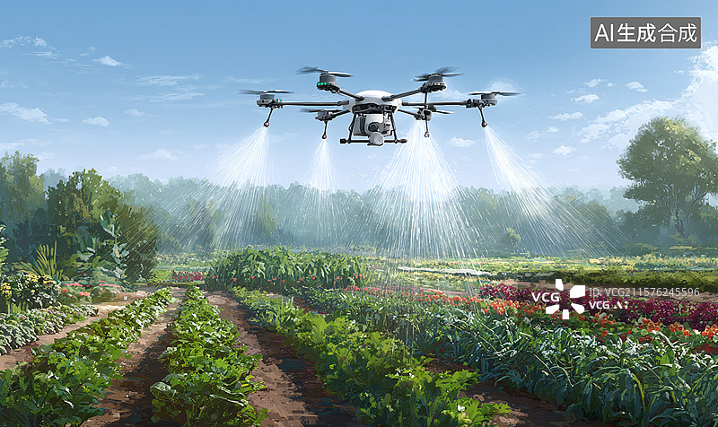 【AI数字艺术】农业无人机田间作业：科技赋能智慧农业，植保喷洒守护田园生态与作物生长图片素材