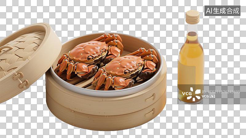 【AI数字艺术】欢庆3D卡通插画中秋节蒸大闸蟹与黄酒创意抽象商业背景杂志海报书籍封面设计节日餐饮文化元素图片素材