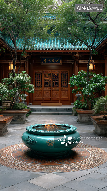【AI数字艺术】古典庭院中的圆形水池图片素材