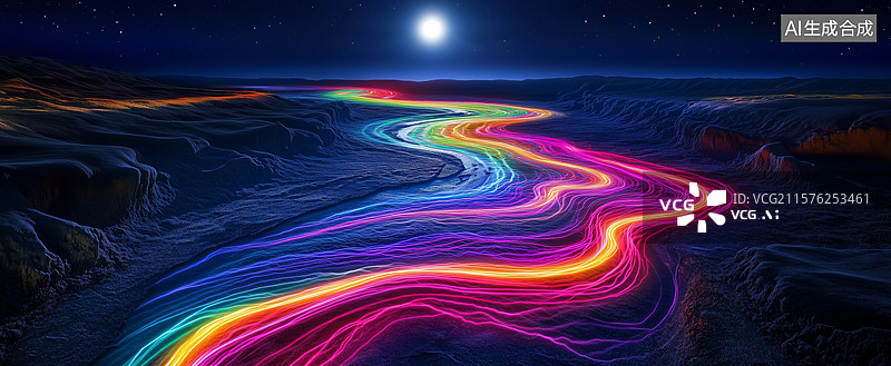 【AI数字艺术】夜空下的彩虹河流图片素材