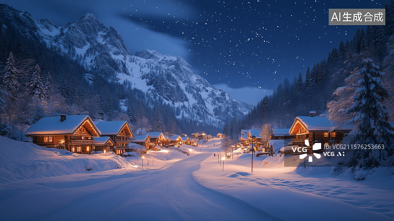 【AI数字艺术】雪夜中的山间小屋图片素材