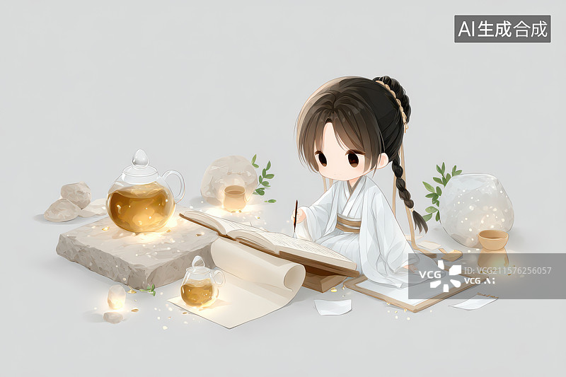 【AI数字艺术】​​古风少女茶书时光静谧图​​图片素材