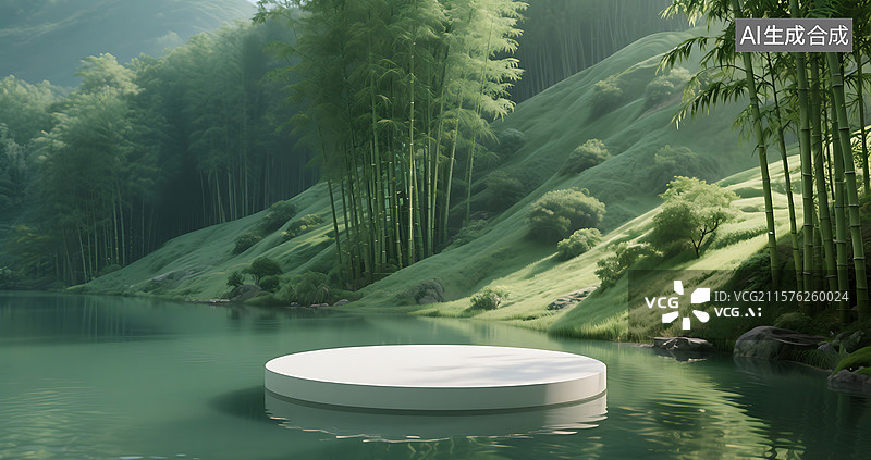 【AI数字艺术】以绿色为主色调，融合竹林、水面、圆形底座、空白展台图片素材