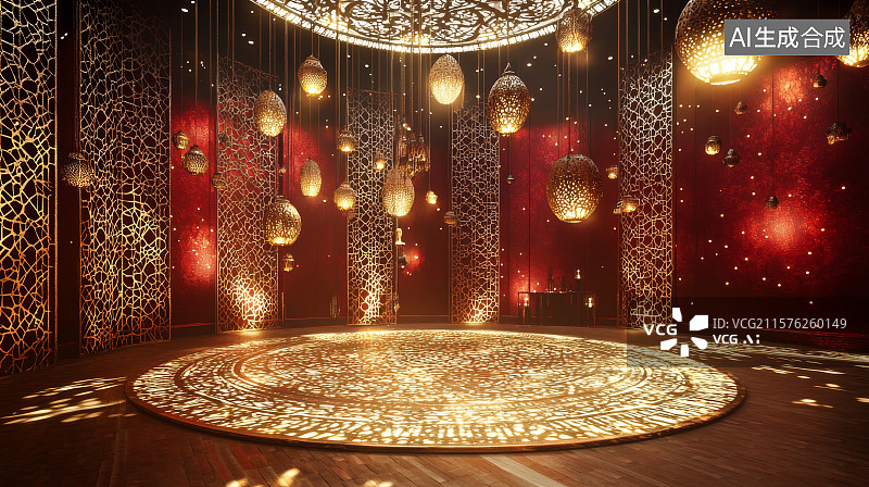【AI数字艺术】红色氛围灯光舞台与悬挂裸灯装置背景图片素材