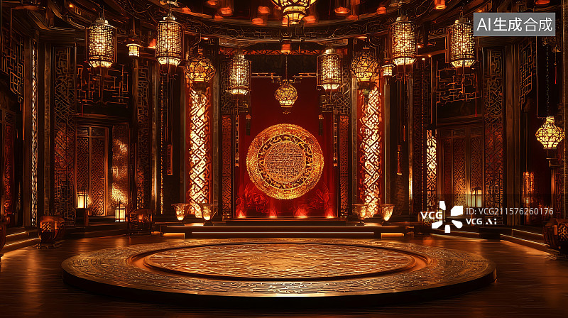 【AI数字艺术】红色氛围灯光舞台与悬挂裸灯装置背景图片素材
