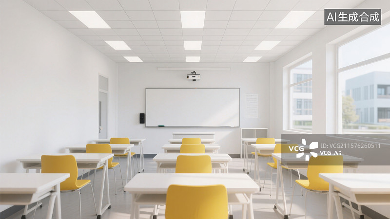 【AI数字艺术】宽敞明亮现代教室与课桌和白色互动板图片素材