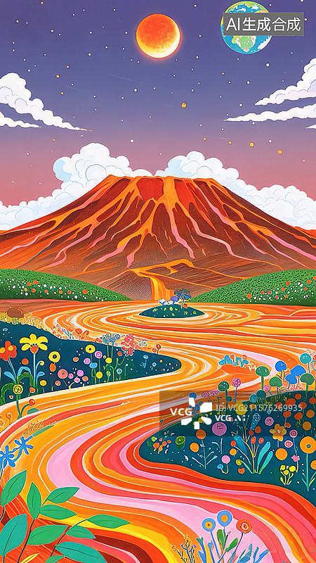 【AI数字艺术】彩虹河流与火山的奇幻景观图片素材