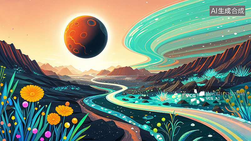 【AI数字艺术】奇幻星球的彩虹河流图片素材