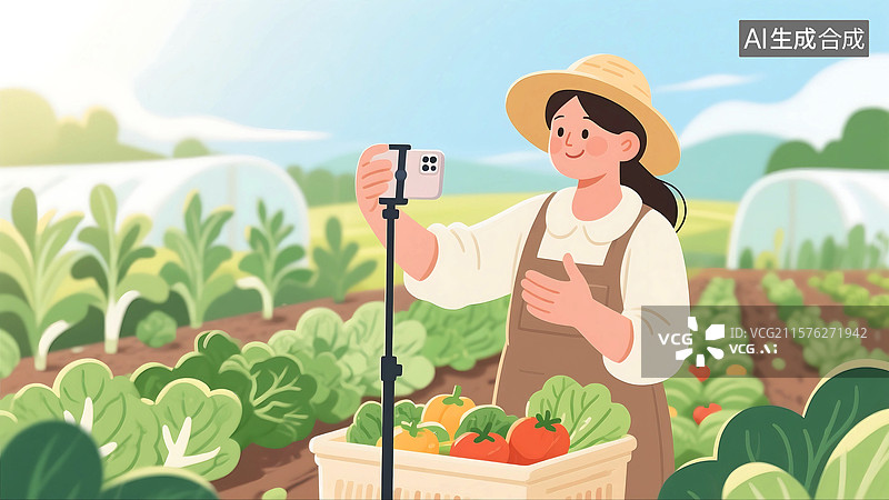 【AI数字艺术】扁平风格，肌理插画，乡村振兴发展智慧农业农民农业农产品电商直播卖货带货图片素材