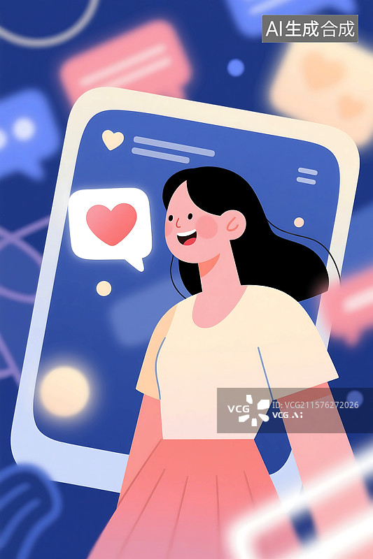 【AI数字艺术】扁平风格肌理插画手机社交软件交友软件互联网对话框沟通聊天通讯虚拟恋人图片素材