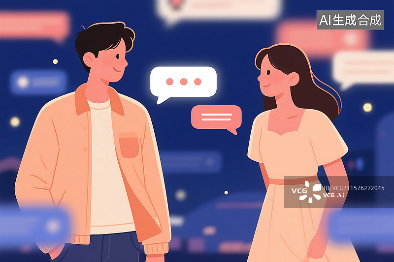 【AI数字艺术】扁平风格肌理插画手机社交软件交友软件互联网对话框沟通聊天通讯虚拟恋人图片素材