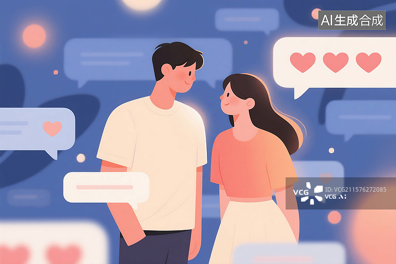 【AI数字艺术】扁平风格肌理插画手机社交软件交友软件互联网对话框沟通聊天通讯虚拟恋人图片素材